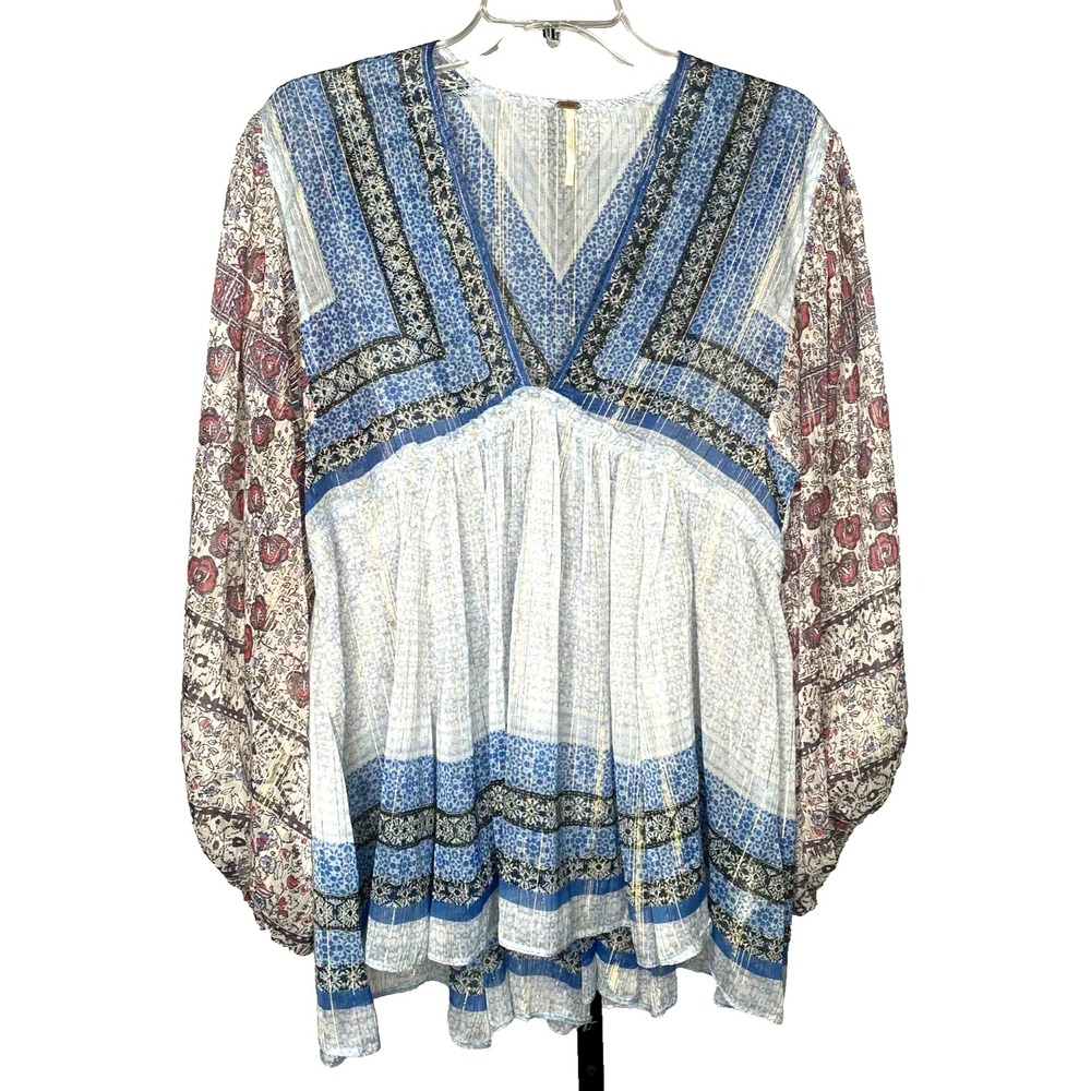 Free People Aliyah blue white floral cottagecore Boho Tunic Top size XS oversize